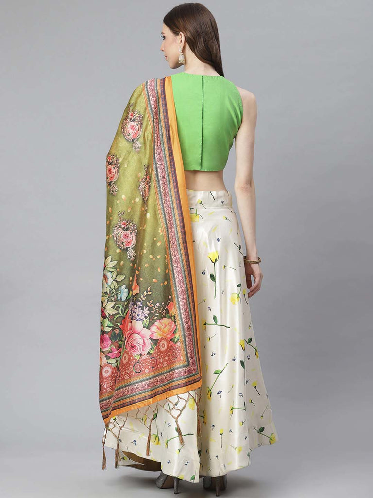 Women's Digital Print Shiney Satin Semistitched Lehenga Choli With Unstitched Blouse And Thred Work Dupatta