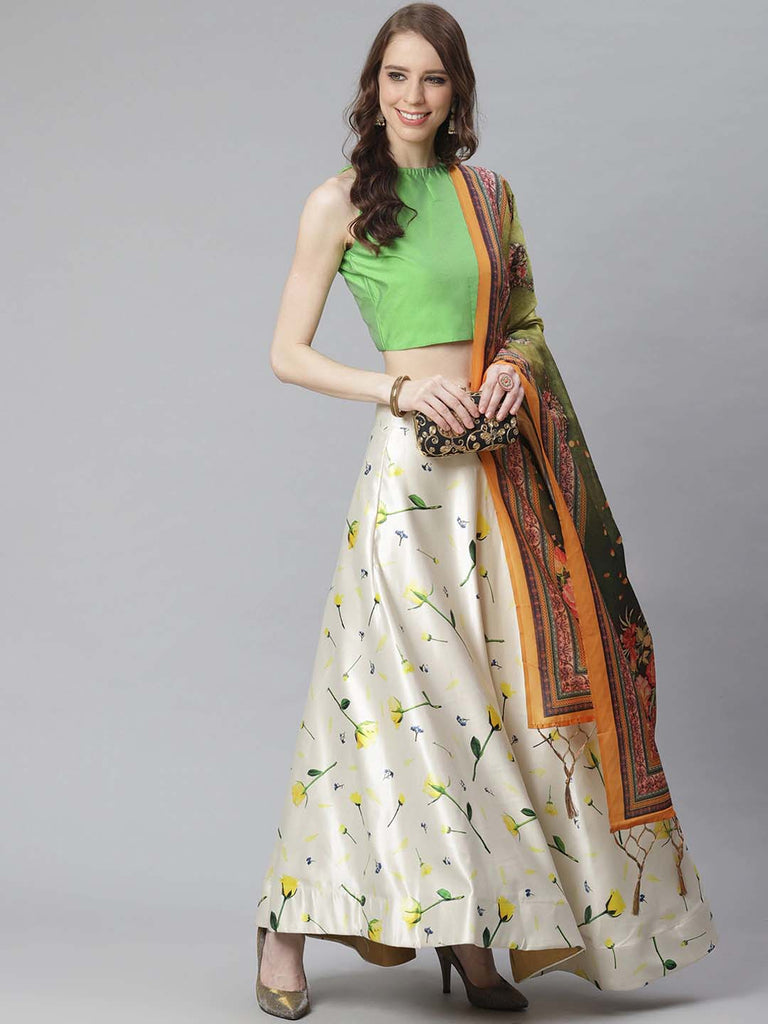 Women's Digital Print Shiney Satin Semistitched Lehenga Choli With Unstitched Blouse And Thred Work Dupatta