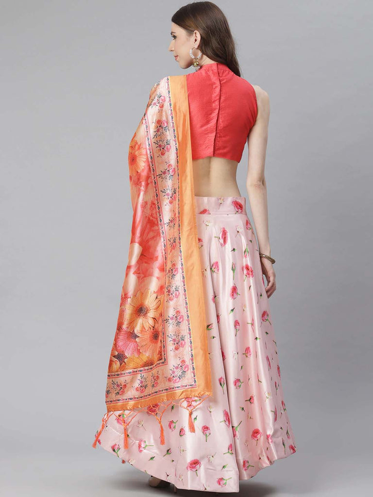 Women's Digital Print Shiney Satin Semistitched Lehenga Choli With Unstitched Blouse And Thred Work Dupatta