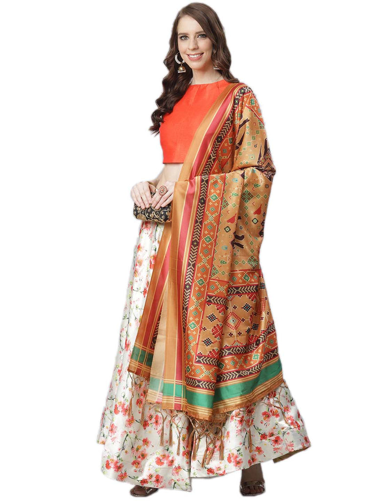 Women's Digital Print Shiney Satin Semistitched Lehenga Choli With Unstitched Blouse And Thred Work Dupatta