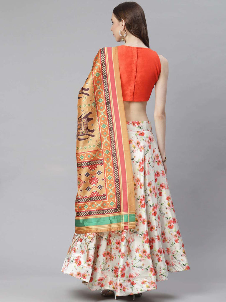 Women's Digital Print Shiney Satin Semistitched Lehenga Choli With Unstitched Blouse And Thred Work Dupatta