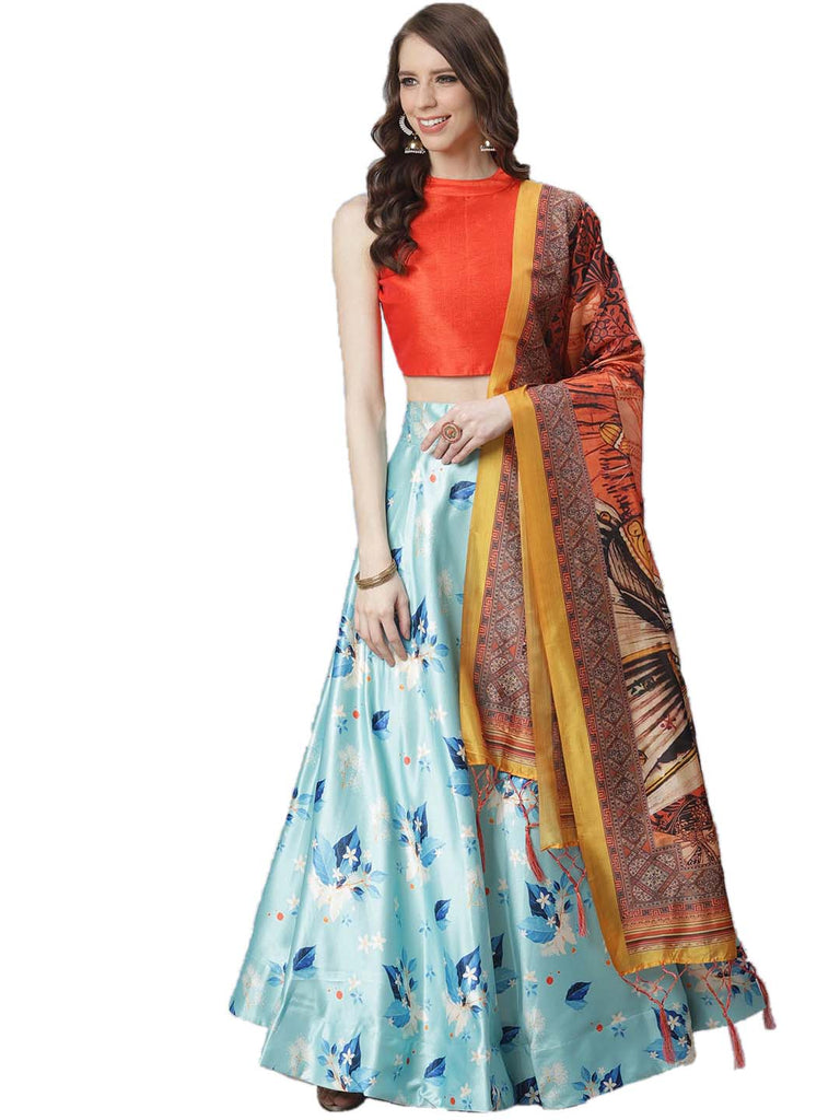 Women's Digital Print Shiney Satin Semistitched Lehenga Choli With Unstitched Blouse And Thred Work Dupatta