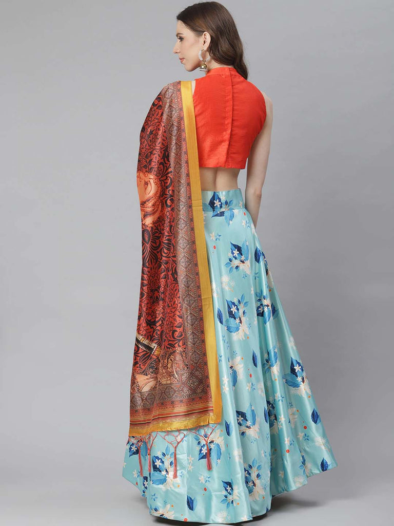 Women's Digital Print Shiney Satin Semistitched Lehenga Choli With Unstitched Blouse And Thred Work Dupatta