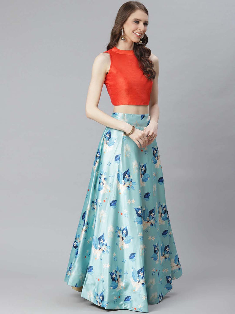 Women's Digital Print Shiney Satin Semistitched Lehenga Choli With Unstitched Blouse And Thred Work Dupatta