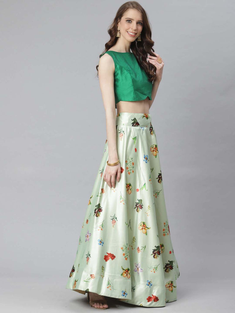 Women's Digital Print Shiney Satin Semistitched Lehenga Choli With Unstitched Blouse And Thred Work Dupatta