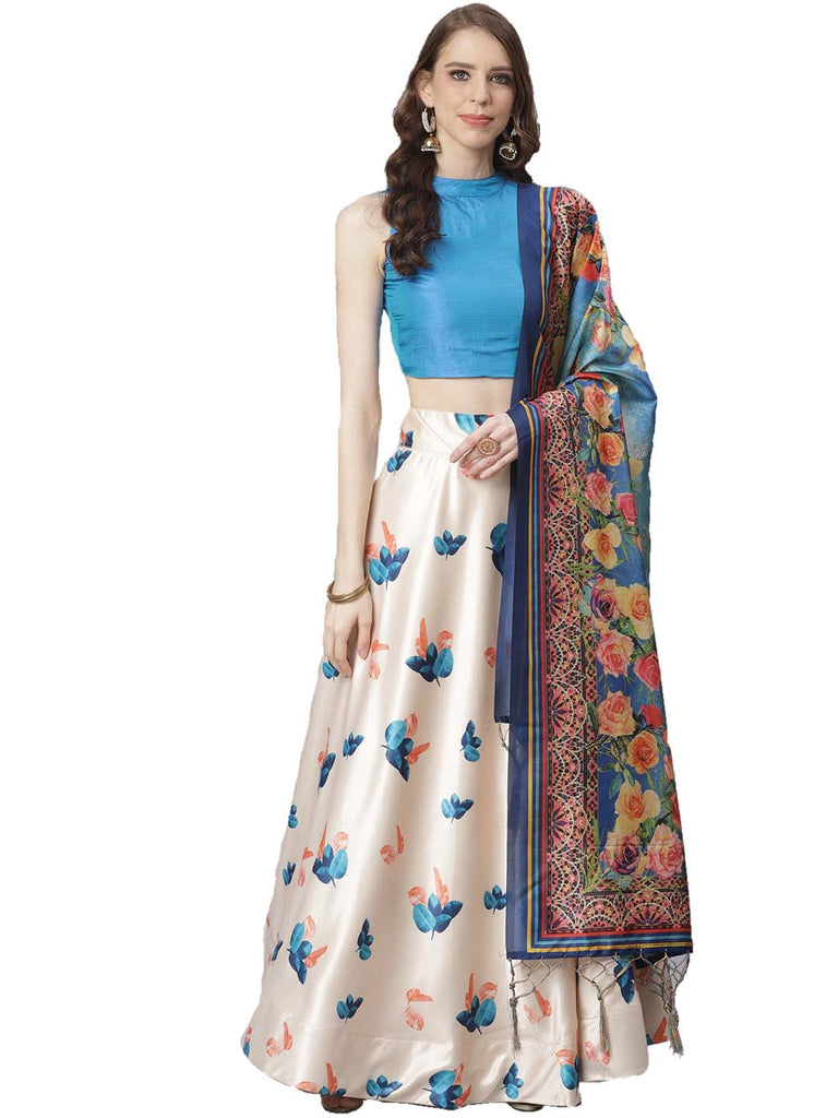 Women's Digital Print Shiney Satin Semistitched Lehenga Choli With Unstitched Blouse And Thred Work Dupatta