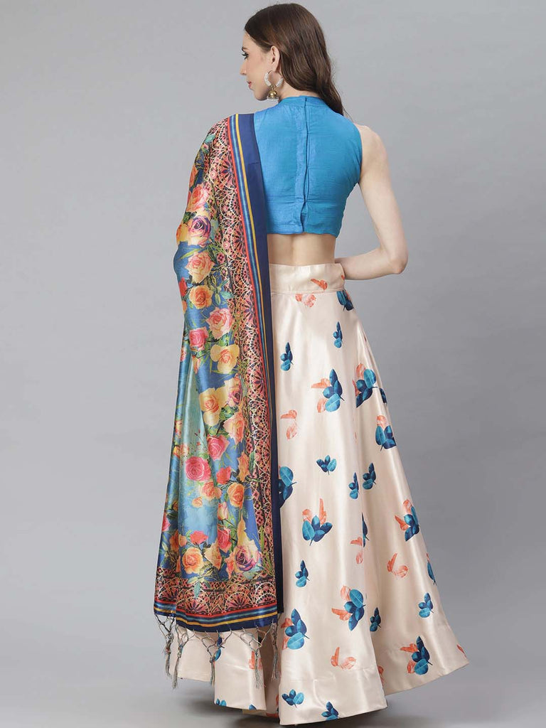 Women's Digital Print Shiney Satin Semistitched Lehenga Choli With Unstitched Blouse And Thred Work Dupatta