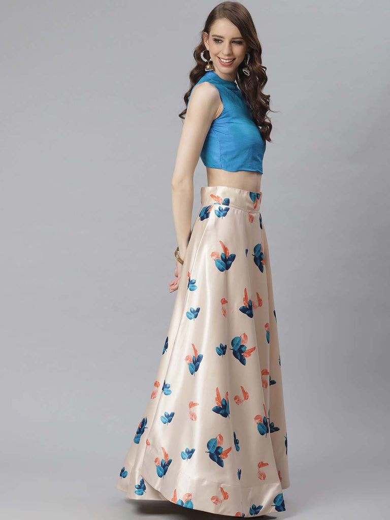 Women's Digital Print Shiney Satin Semistitched Lehenga Choli With Unstitched Blouse And Thred Work Dupatta