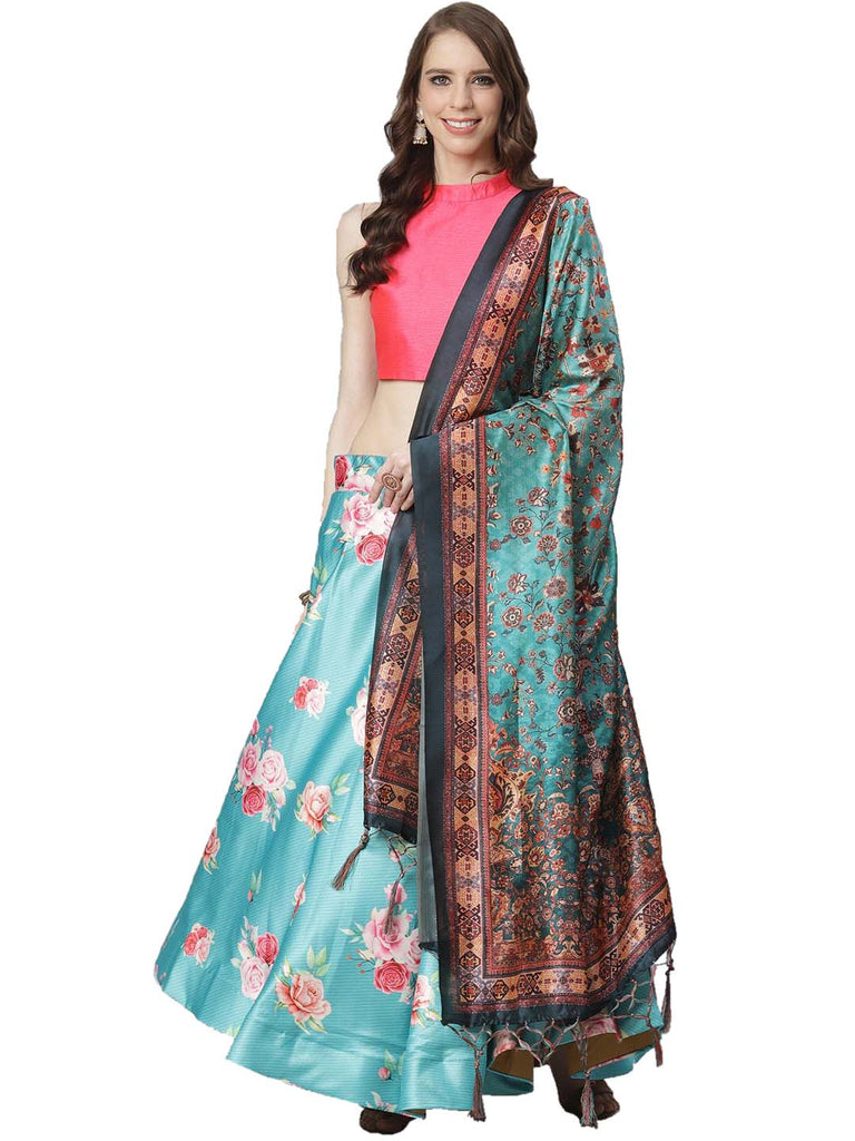 Women's Digital Print Shiney Satin Semistitched Lehenga Choli With Unstitched Blouse And Thred Work Dupatta