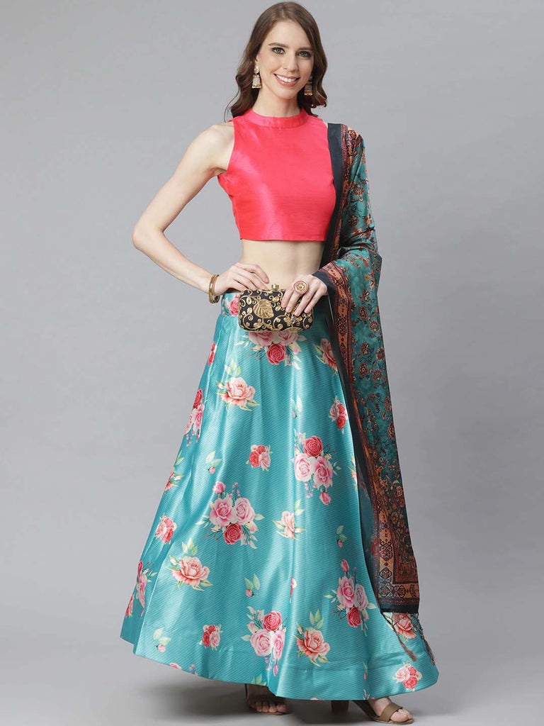 Women's Digital Print Shiney Satin Semistitched Lehenga Choli With Unstitched Blouse And Thred Work Dupatta