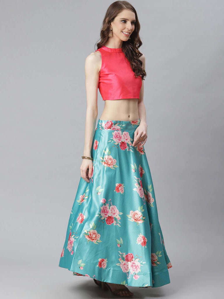 Women's Digital Print Shiney Satin Semistitched Lehenga Choli With Unstitched Blouse And Thred Work Dupatta