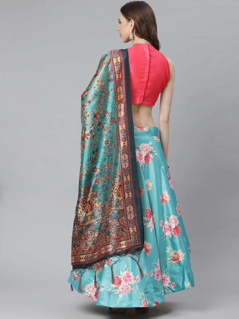 Women's Digital Print Shiney Satin Semistitched Lehenga Choli With Unstitched Blouse And Thred Work Dupatta