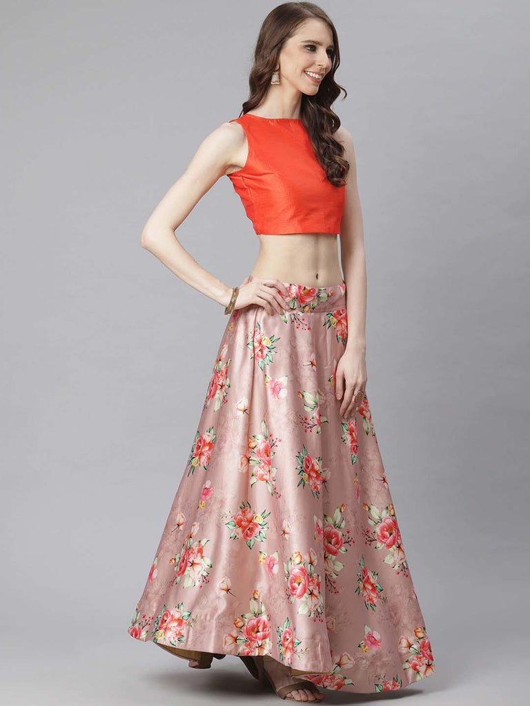 Women's Digital Print Shiney Satin Semistitched Lehenga Choli With Unstitched Blouse And Thred Work Dupatta