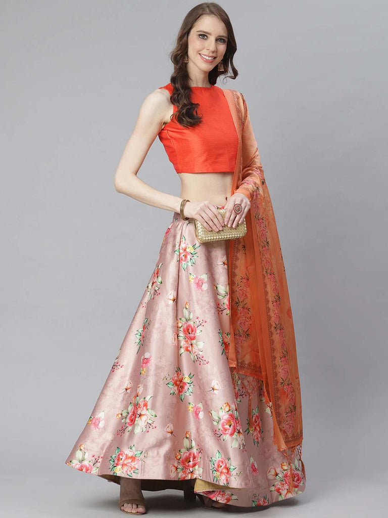Women's Digital Print Shiney Satin Semistitched Lehenga Choli With Unstitched Blouse And Thred Work Dupatta