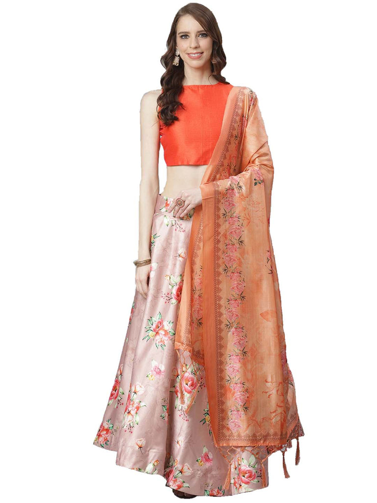Women's Digital Print Shiney Satin Semistitched Lehenga Choli With Unstitched Blouse And Thred Work Dupatta