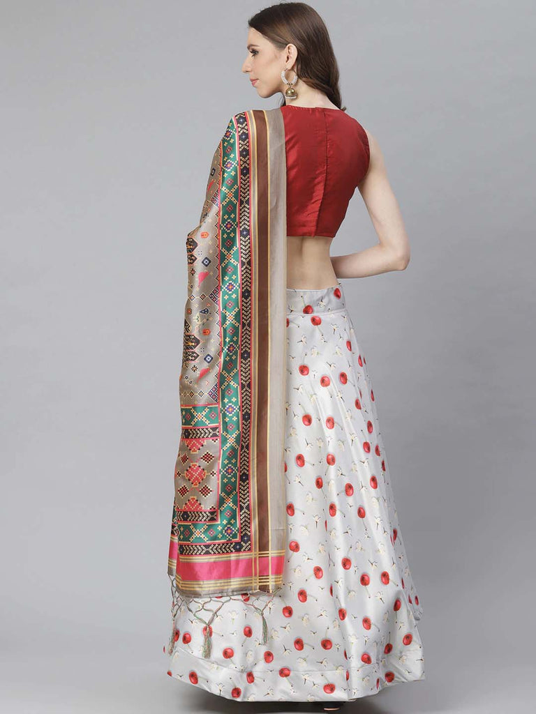 Women's Digital Print Shiney Satin Semistitched Lehenga Choli With Unstitched Blouse And Thred Work Dupatta