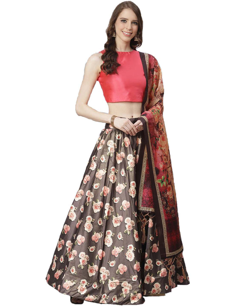 Women's Digital Print Shiney Satin Semistitched Lehenga Choli With Unstitched Blouse And Thred Work Dupatta