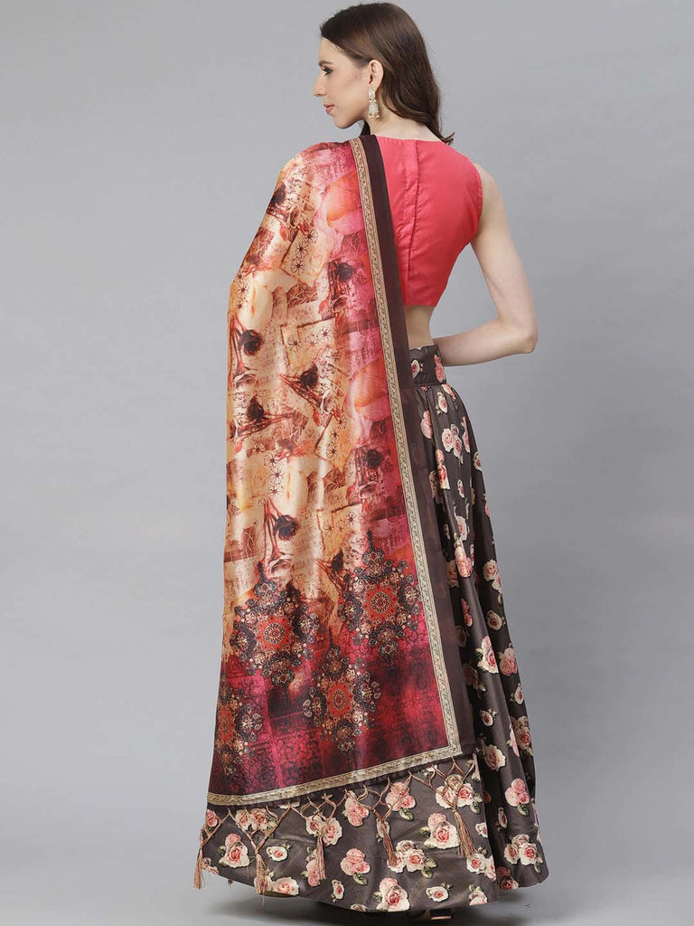 Women's Digital Print Shiney Satin Semistitched Lehenga Choli With Unstitched Blouse And Thred Work Dupatta
