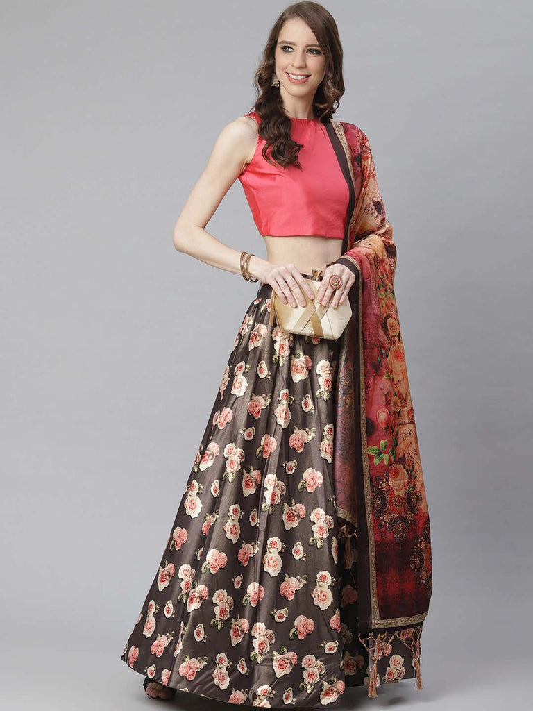 Women's Digital Print Shiney Satin Semistitched Lehenga Choli With Unstitched Blouse And Thred Work Dupatta