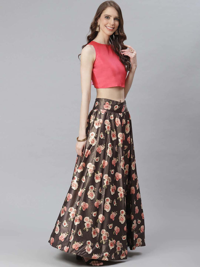 Women's Digital Print Shiney Satin Semistitched Lehenga Choli With Unstitched Blouse And Thred Work Dupatta