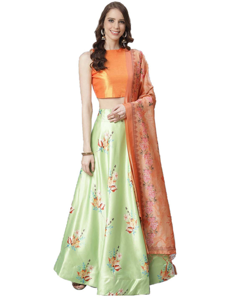 Women's Digital Print Shiney Satin Semistitched Lehenga Choli With Unstitched Blouse And Thred Work Dupatta