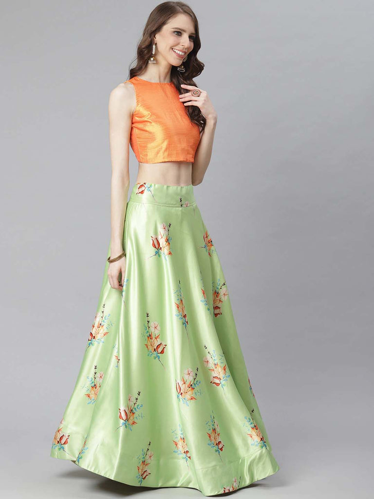 Women's Digital Print Shiney Satin Semistitched Lehenga Choli With Unstitched Blouse And Thred Work Dupatta