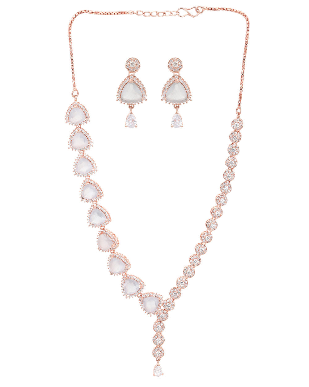 Women's Cz Rose Gold Plated Pearl Brass Necklace Set With White Stone - Voylla