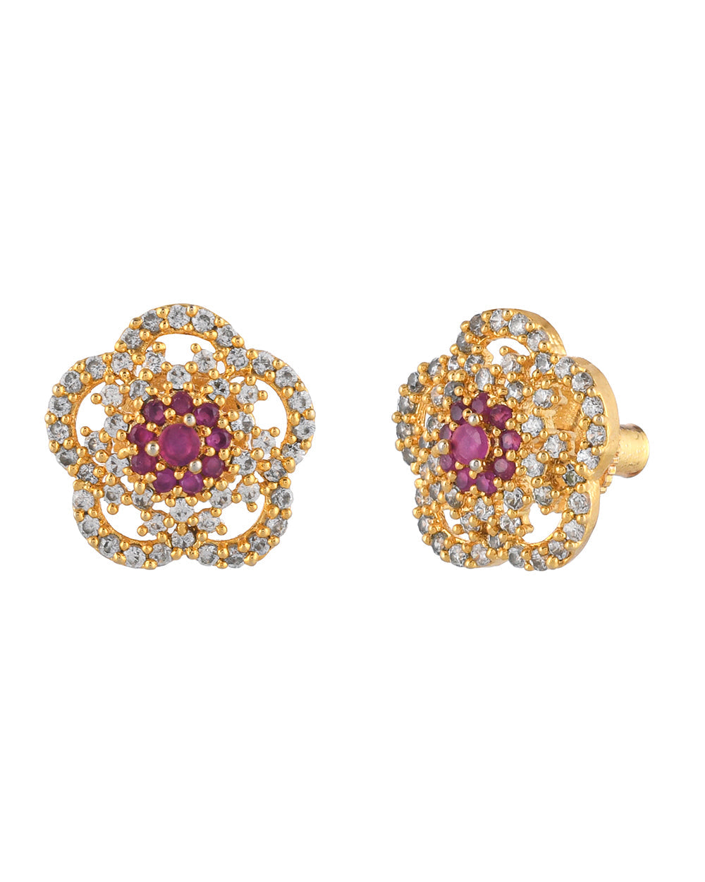 Women's Sparkling Elegance Floral Heavily Zircons Embellished Brass Gold Plated Earrings - Voylla