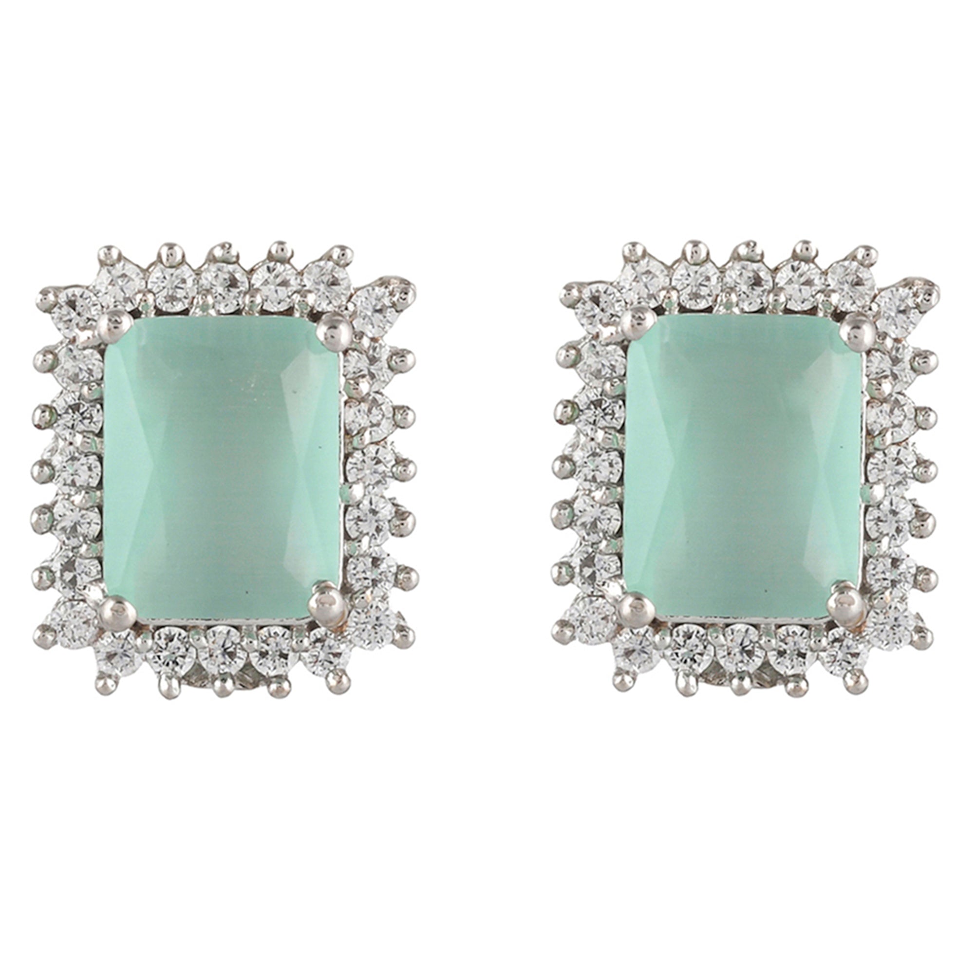 Women's Sparkling Elegance Victorian Inspired Large Emerald Cut Cz Brass Silver Plated Earrings - Voylla