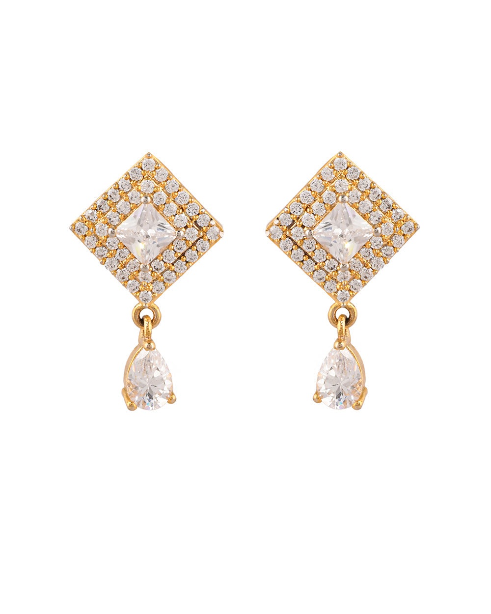Women's Sparkling Elegance Rectangle And Teardrop Zircons Adorned Gold Plated Brass Earrings - Voylla