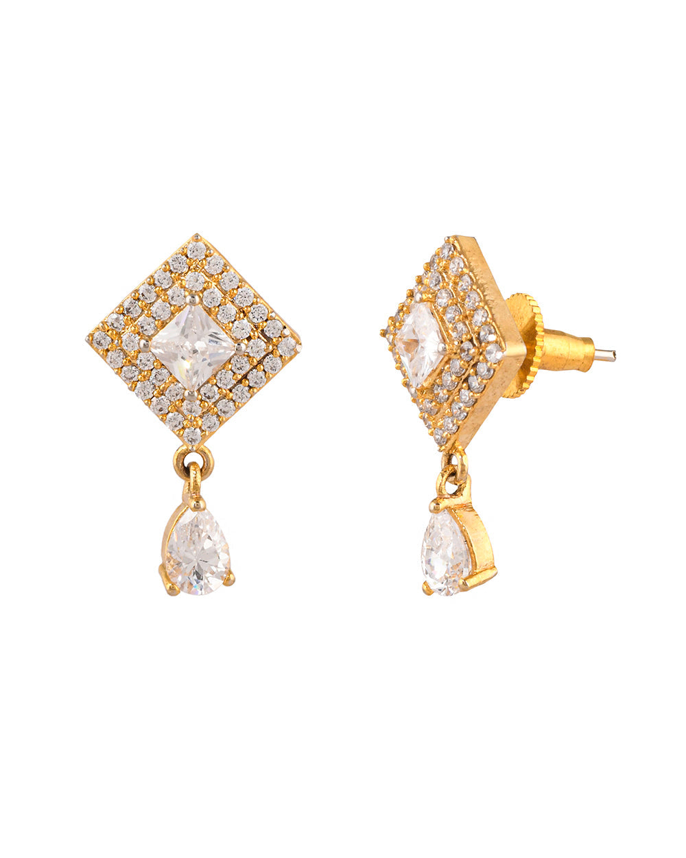 Women's Sparkling Elegance Rectangle And Teardrop Zircons Adorned Gold Plated Brass Earrings - Voylla