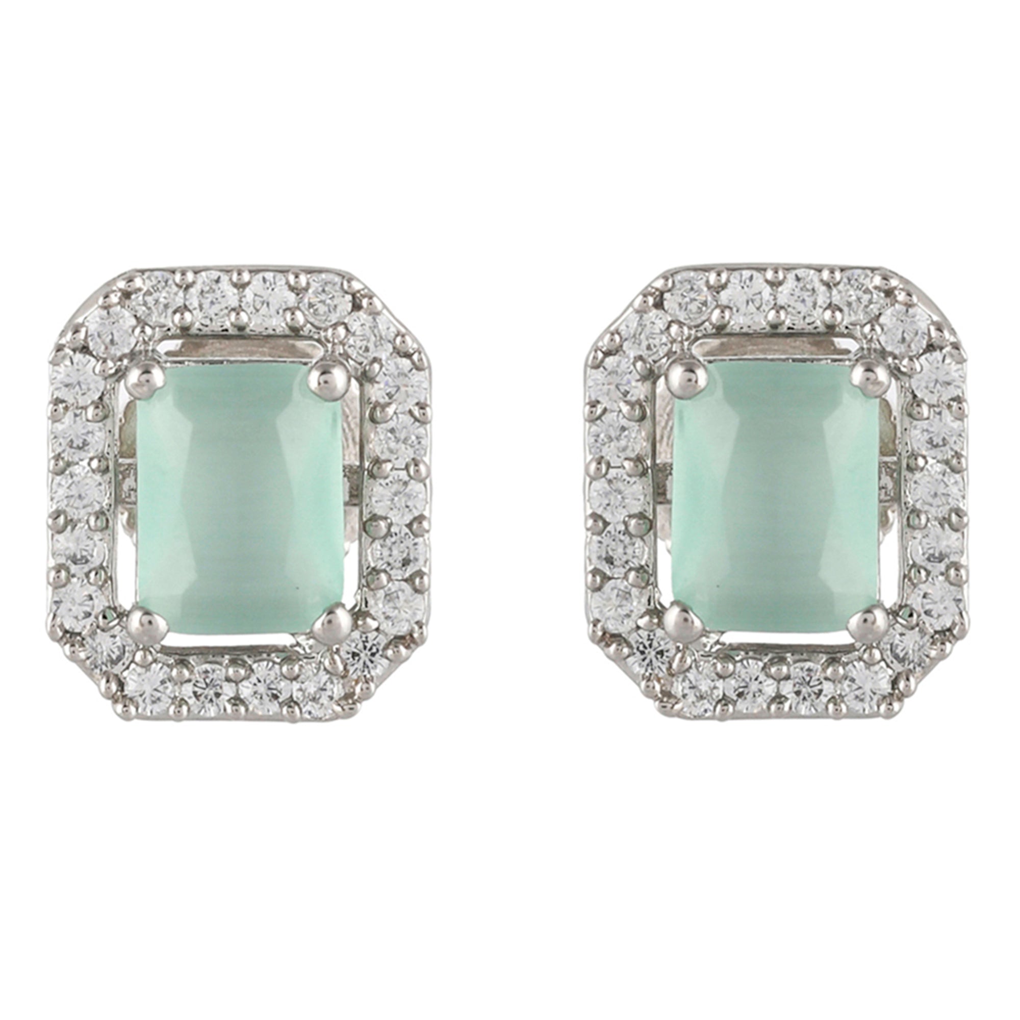 Women's Sparkling Elegance Rectangle Cut Cluster Setting Brass Silver Plated Earrings - Voylla