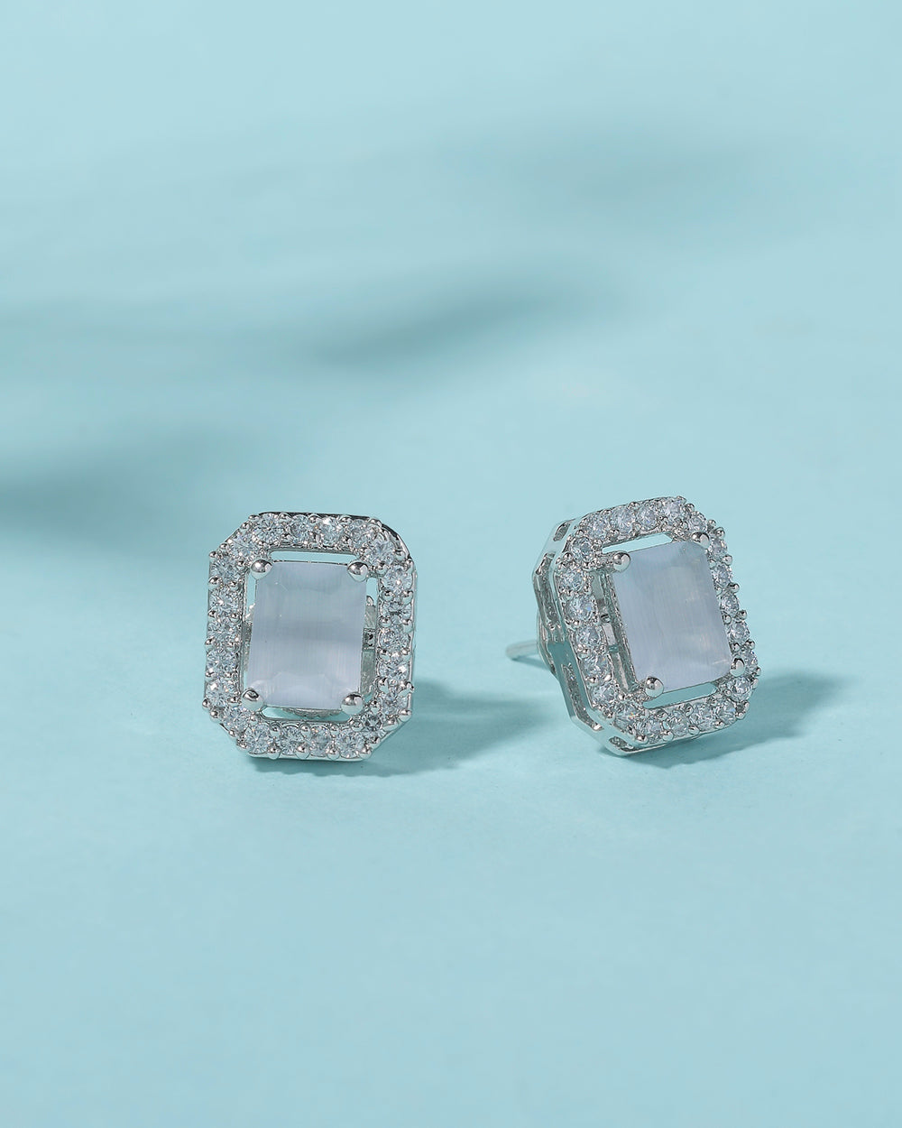 Women's Sparkling Elegance Cluster Setting Emerald Cut Zircons Brass Silver Plated Earrings - Voylla
