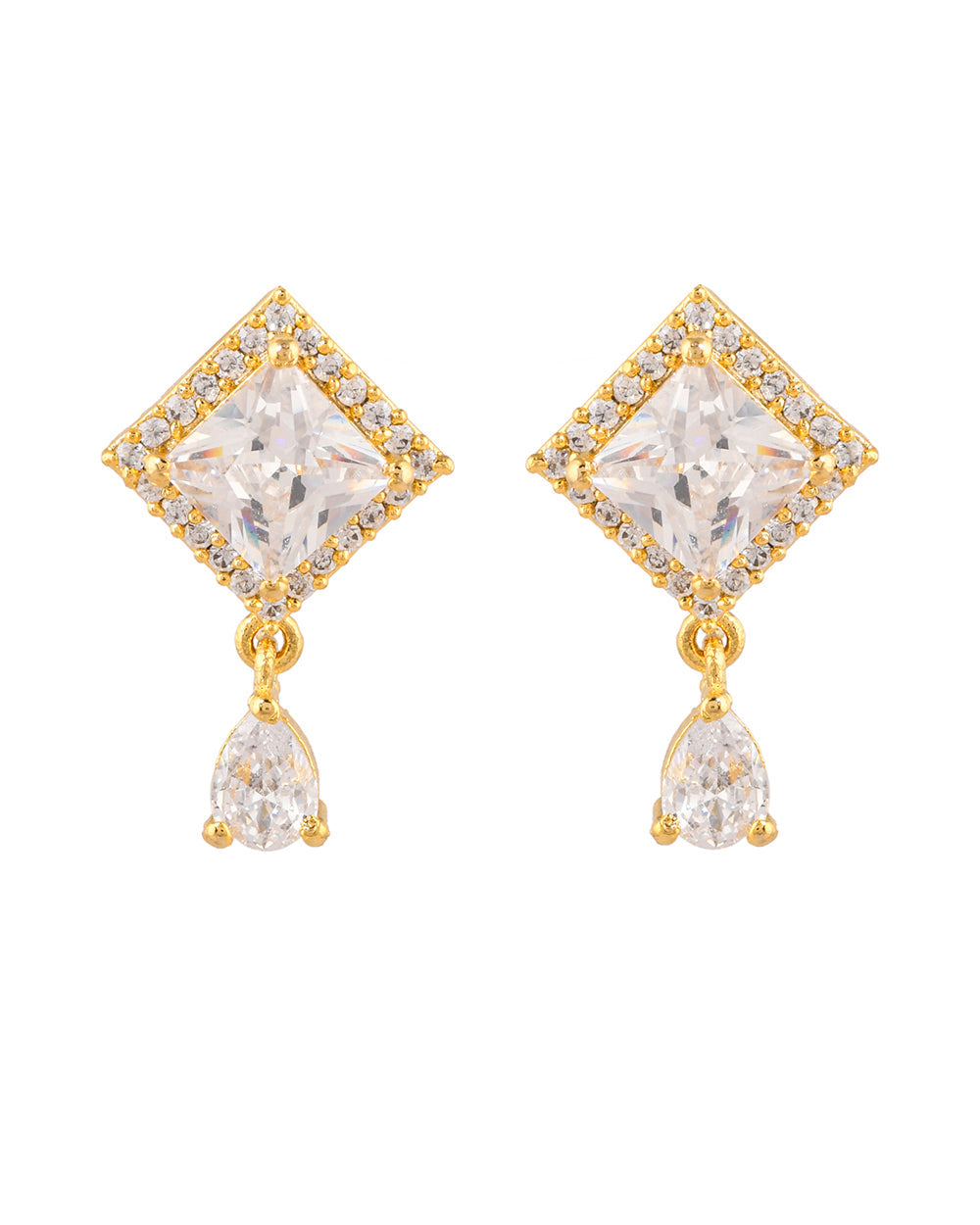 Women's Sparkling Elegance Teardrop And Rectangle Cut Zircons Brass Gold Plated Earrings - Voylla