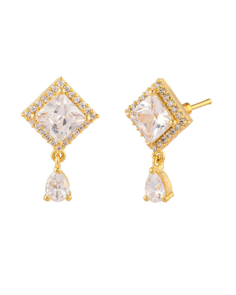 Women's Sparkling Elegance Teardrop And Rectangle Cut Zircons Brass Gold Plated Earrings - Voylla