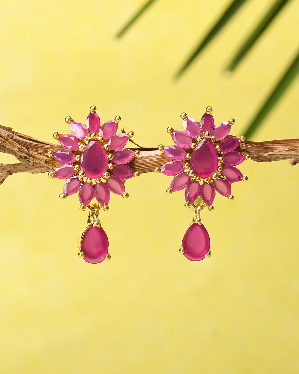 Women's Sparkling Elegance Floral Teardrop Cut Zircons Adorned Gold Plated Drop Earrings - Voylla