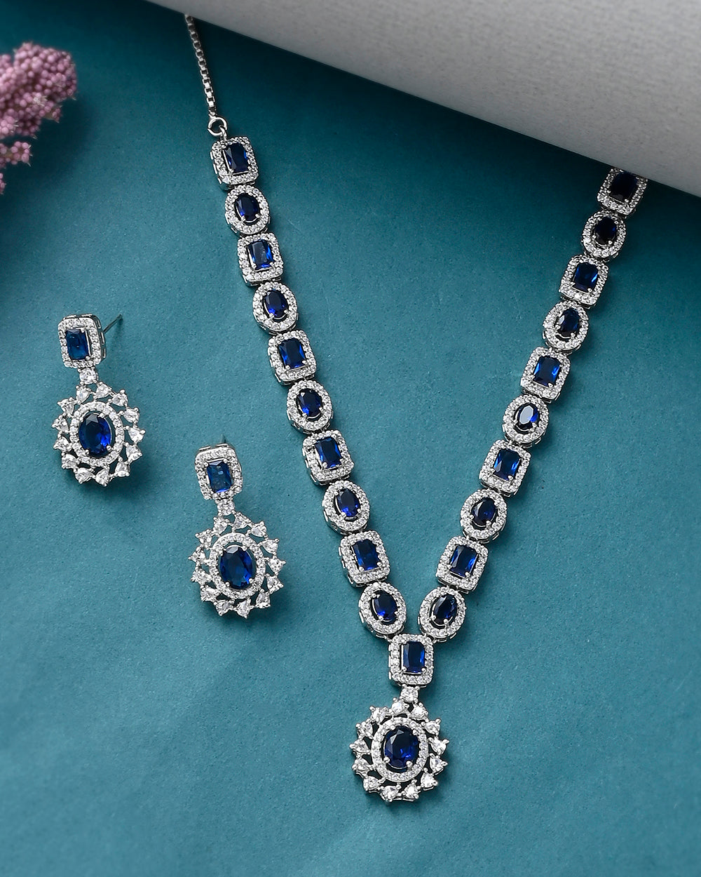 Women's Sparkling Elegance Royal Blue And White Cz Brass Silver Plated Jewellery Set - Voylla