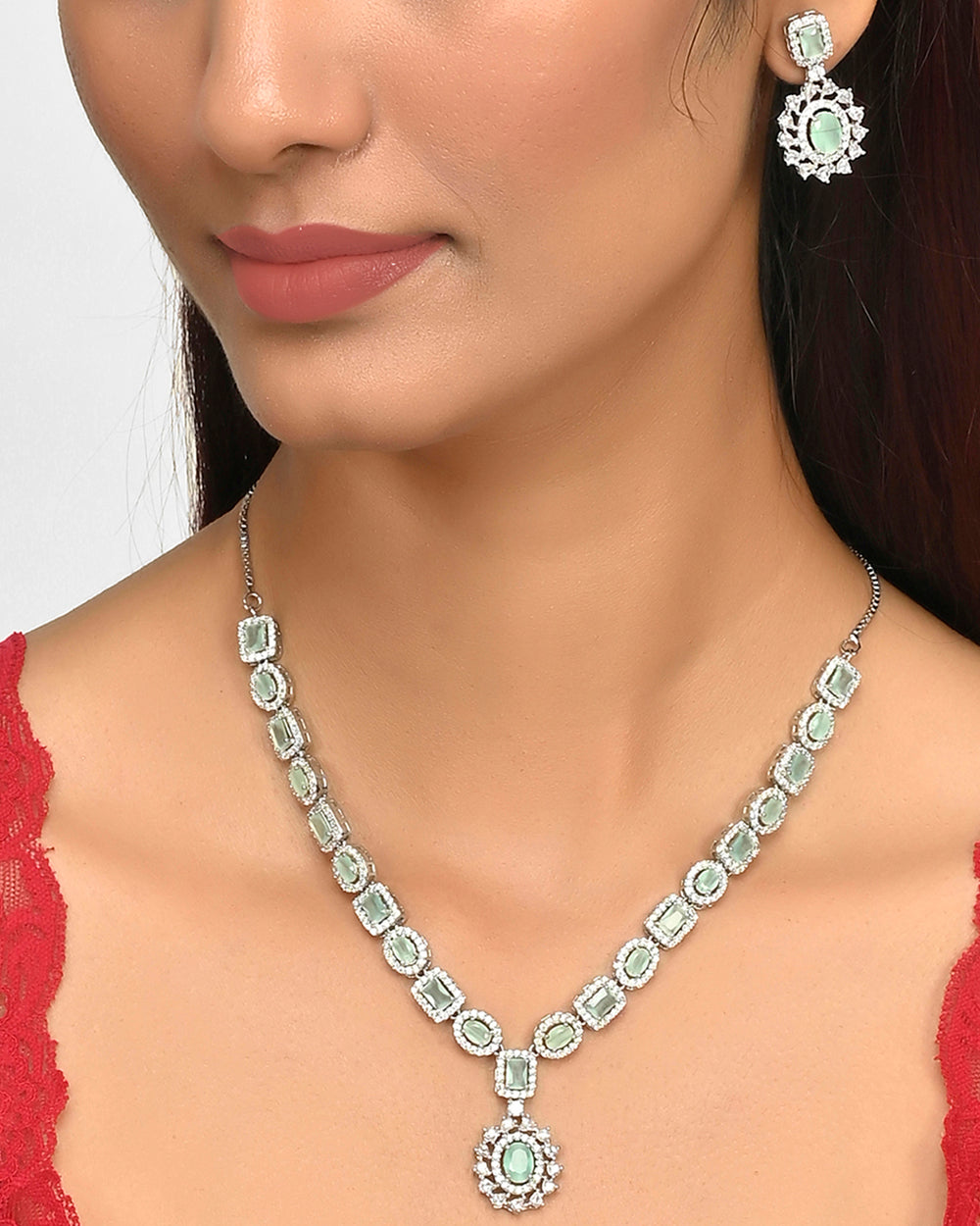 Women's Sparkling Elegance Round And Emerald Cut Cz Silver Plated Brass Jewellery Set - Voylla