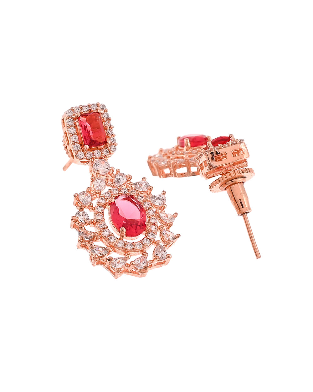 Women's Sparkling Elegance Pink Emerald Cut Zircons Gold Plated Brass Jewellery Set - Voylla