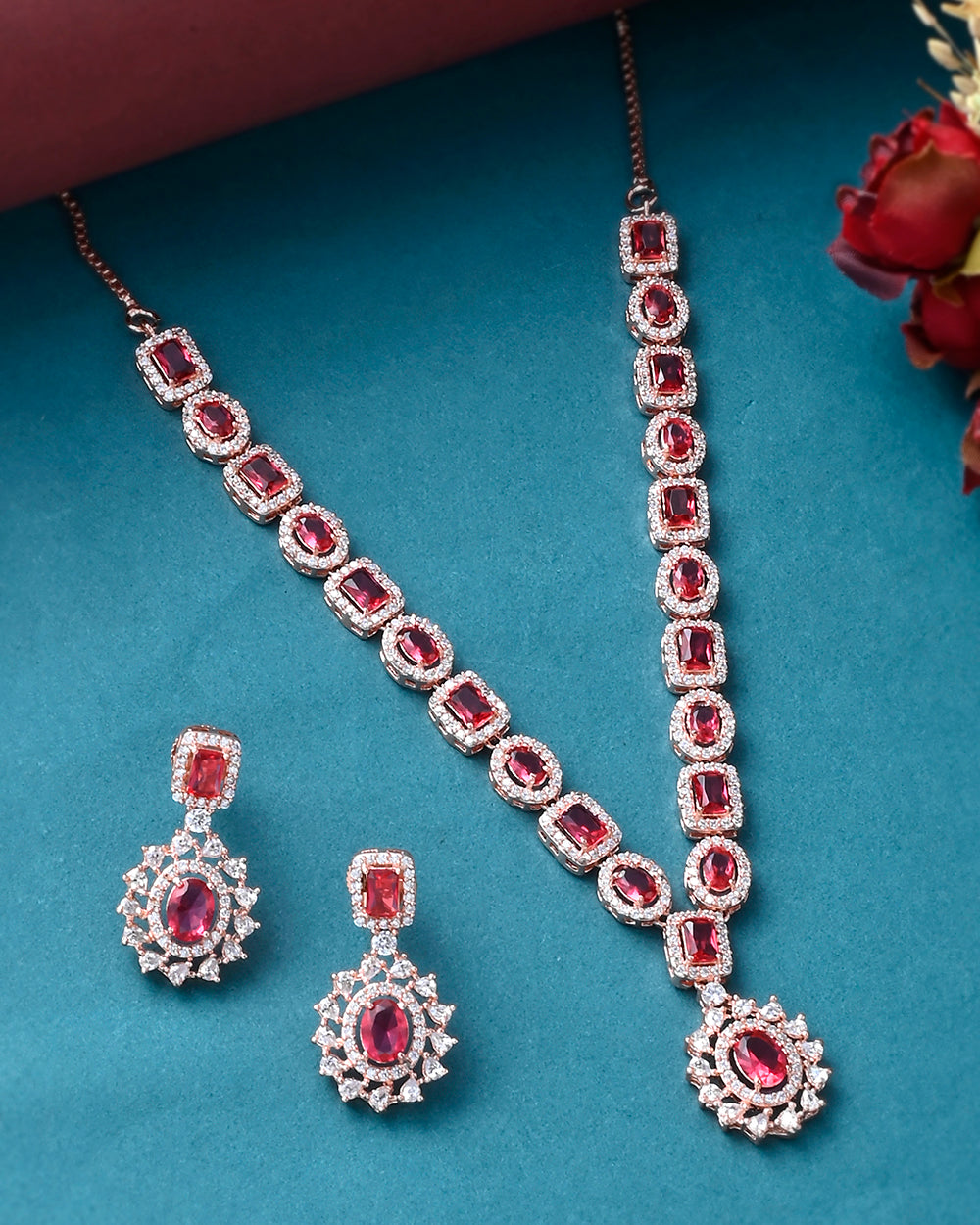 Women's Sparkling Elegance Pink Emerald Cut Zircons Gold Plated Brass Jewellery Set - Voylla