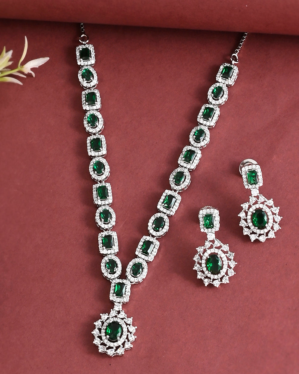 Women's Sparkling Elegance Green And White Cz Brass Silver Plated Jewellery Set - Voylla