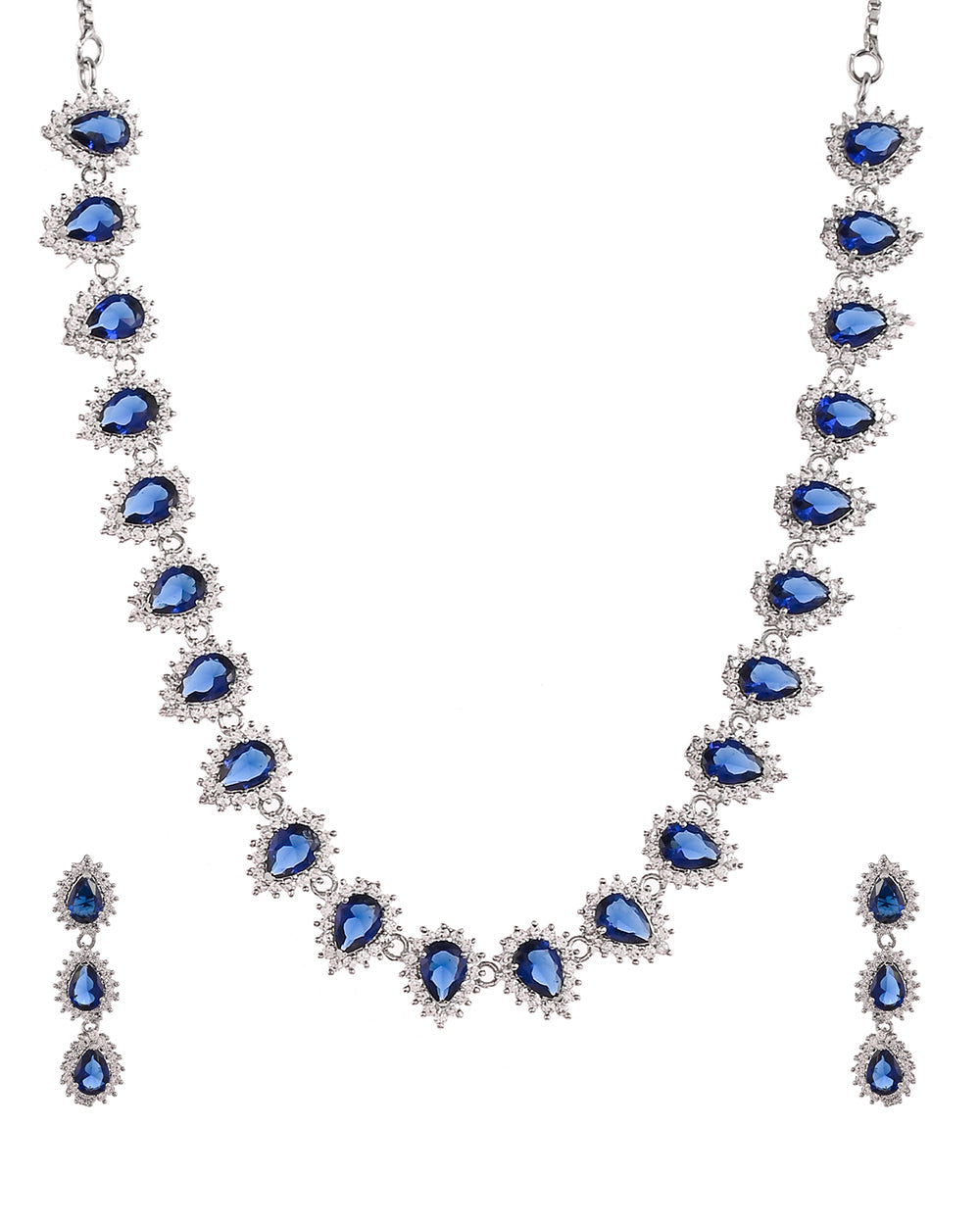 Women's Sparkling Elegance Teardrop Cut Zircons Brass Silver Plated Jewellery Set - Voylla