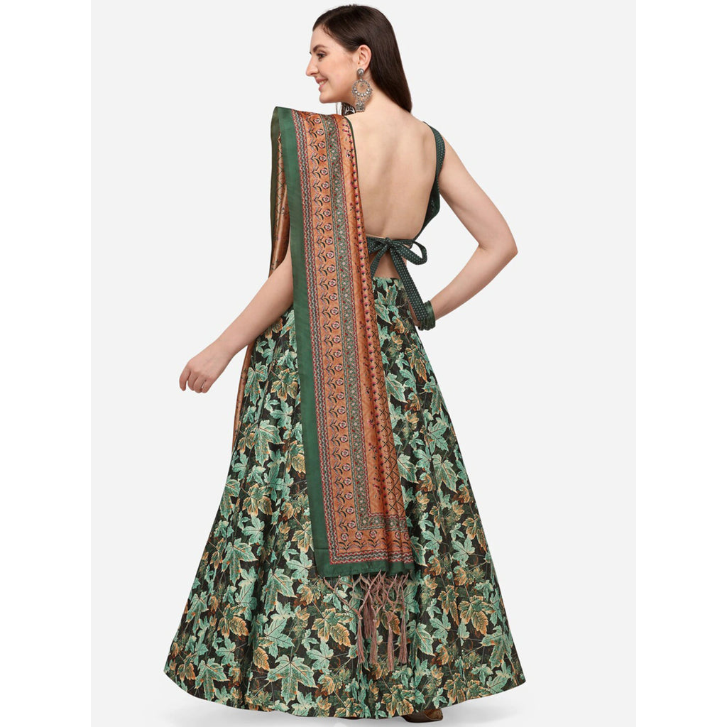 Women's Digital Print Shiney Satin Semistitched Lehenga Choli With Unstitched Blouse And Thred Work Dupatta