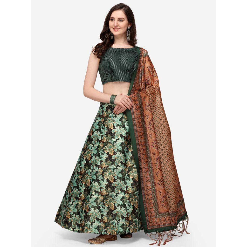 Women's Digital Print Shiney Satin Semistitched Lehenga Choli With Unstitched Blouse And Thred Work Dupatta