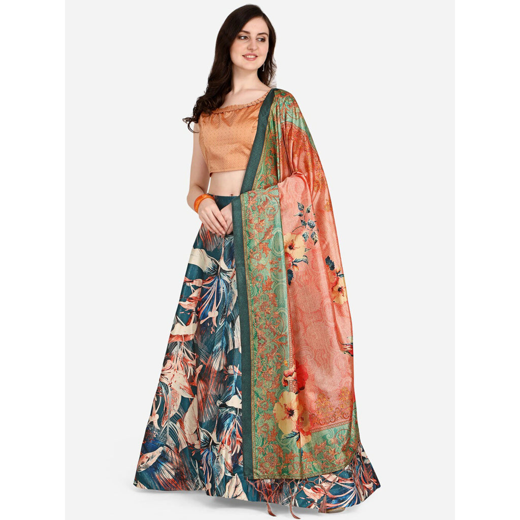 Women's Digital Print Shiney Satin Semistitched Lehenga Choli With Unstitched Blouse And Thred Work Dupatta