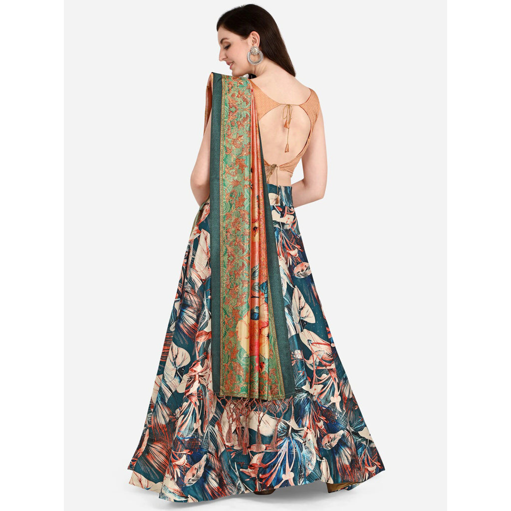 Women's Digital Print Shiney Satin Semistitched Lehenga Choli With Unstitched Blouse And Thred Work Dupatta