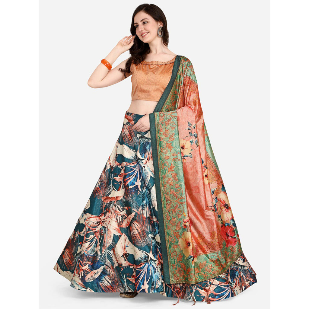 Women's Digital Print Shiney Satin Semistitched Lehenga Choli With Unstitched Blouse And Thred Work Dupatta