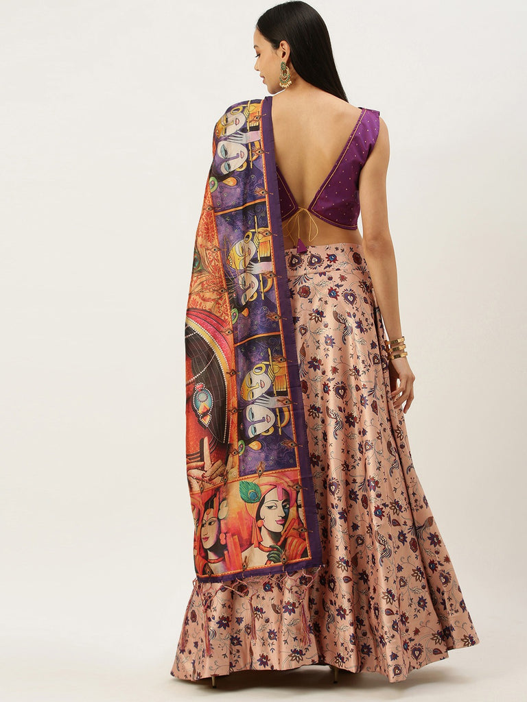 Women's Digital Print Shiney Satin Semistitched Lehenga Choli With Unstitched Blouse And Thred Work Dupatta