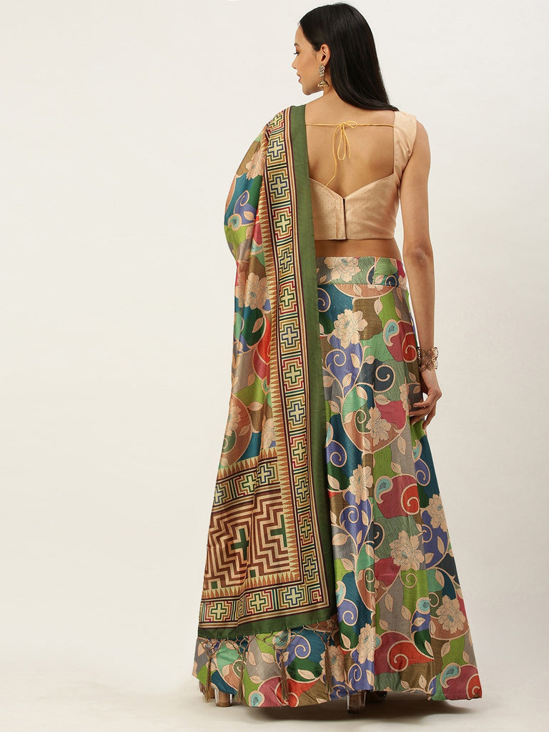 Women's Digital Print Shiney Satin Semistitched Lehenga Choli With Unstitched Blouse And Thred Work Dupatta