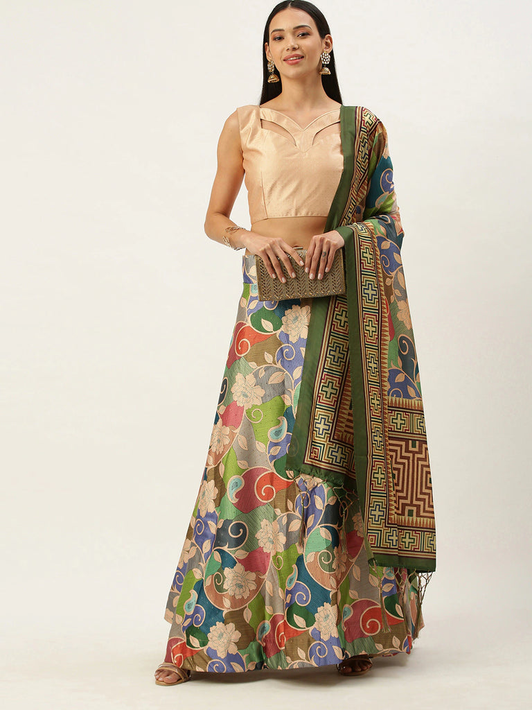 Women's Digital Print Shiney Satin Semistitched Lehenga Choli With Unstitched Blouse And Thred Work Dupatta